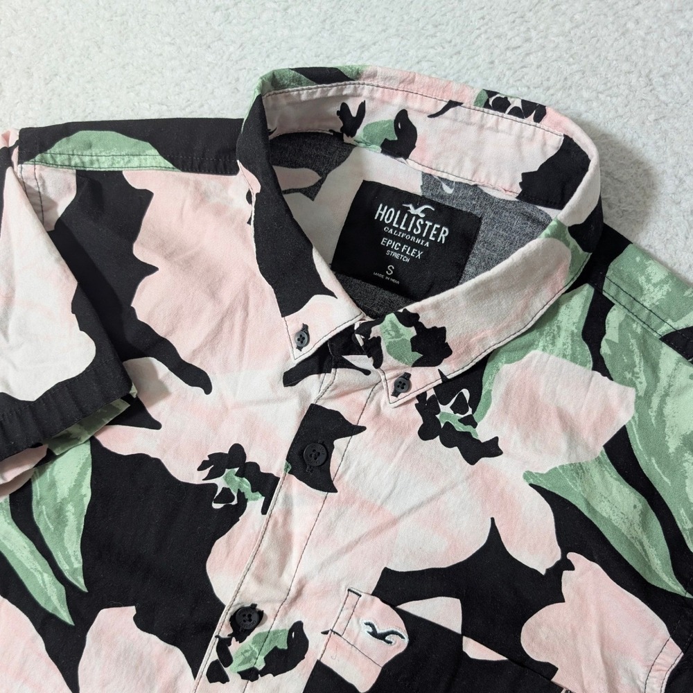 Hollister Button Down Shirt Mens Sm Black Pink Floral Epic Flex Stretch